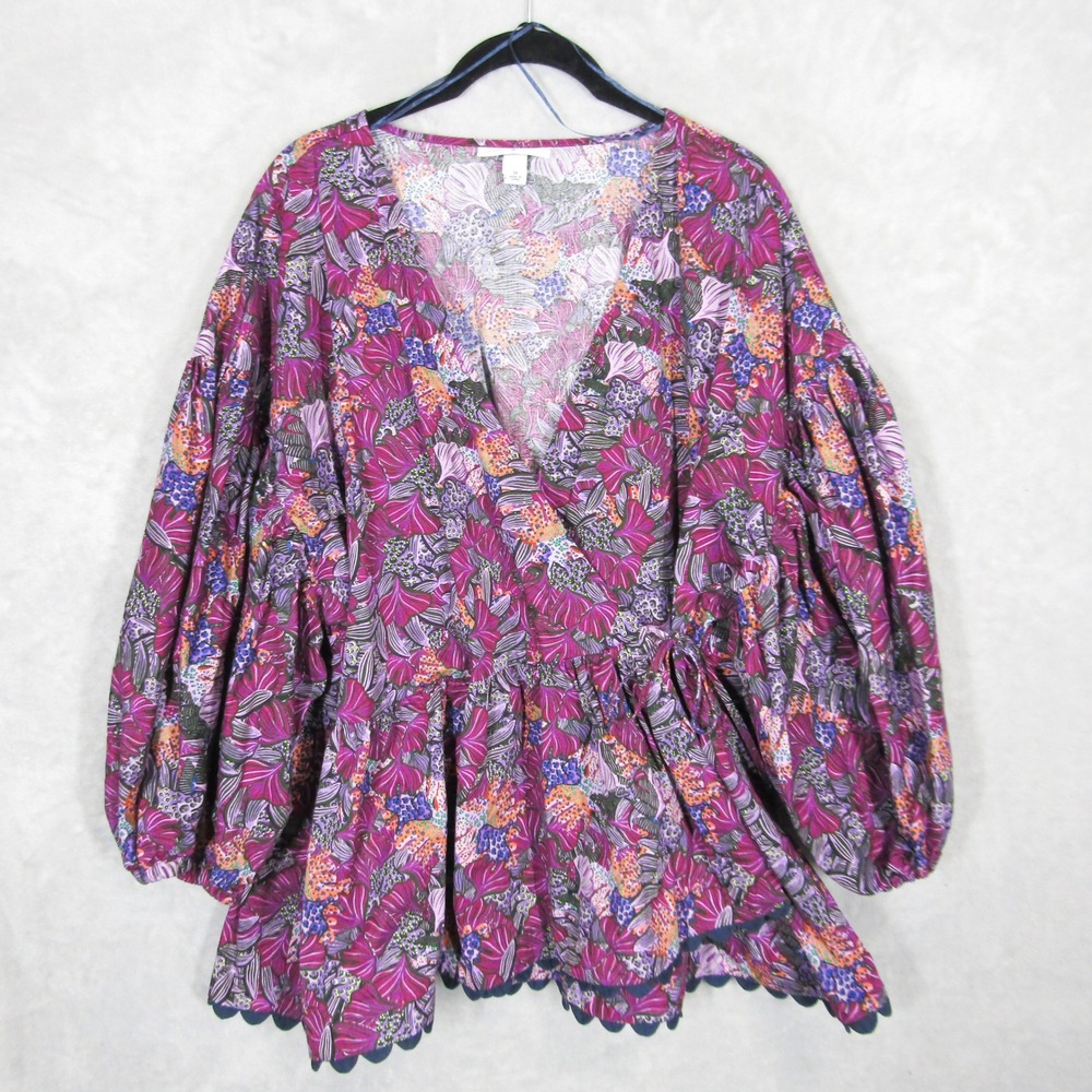 Kika Vargas x Target Floral Wrap Peplum Top 1X Purple Balloon Sleeve Scallop Hem